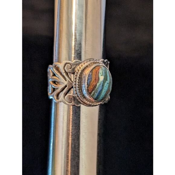 925 Sterling Filigree Rainbow Calsilica Stone Ring Size 6.25 - Picture 4 of 10